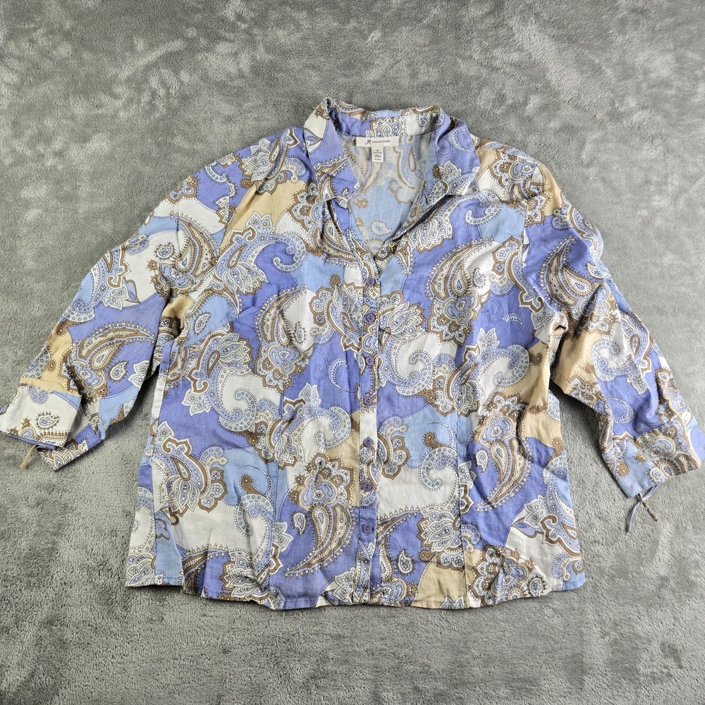 JM Collection Shirt Womens 18 Blue Tan White Paisley Linen‎ 3/4 Sleeve Coastal